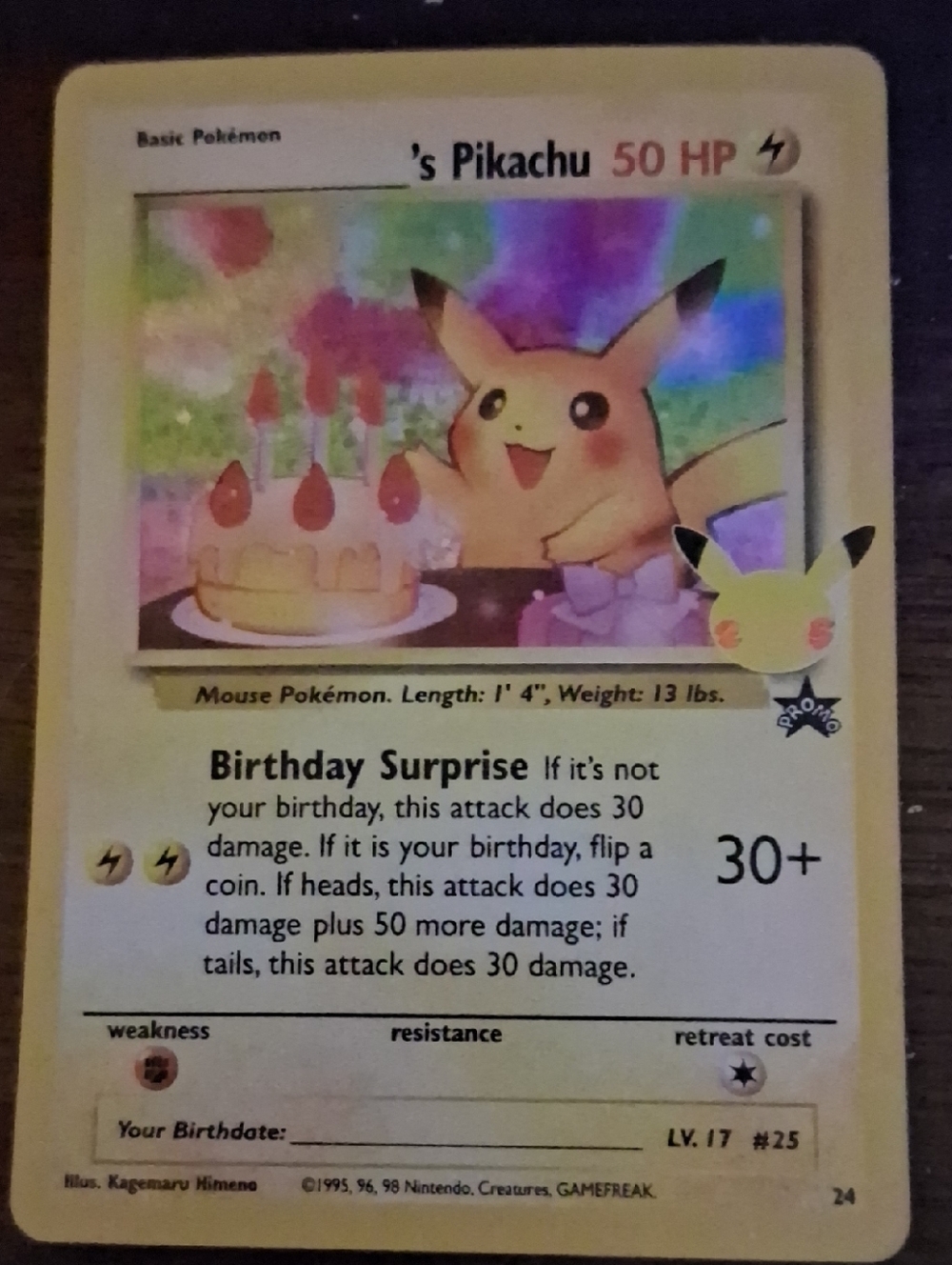 Pokemon Yellow Pikachu Holographic Birthday Surprise Card